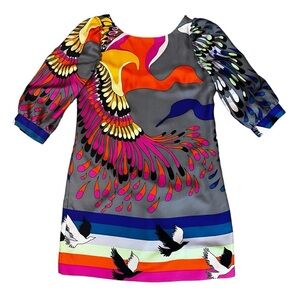 TIBI 100% Silk Lined Mini Shift Dress Funky Feathers - Size 6